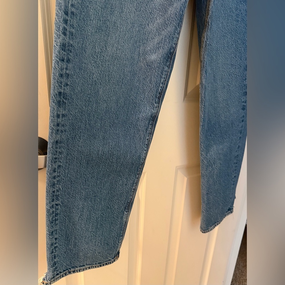 American Eagle Foldover High Waist Straight Leg Jeans, Distressed Blue, 8 Short - Picture 4 of 15